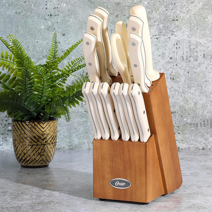 Evansville 14 Piece Cutlery Kitchen Knife Block Set, Stainless Steel w/Linen White Handles - Cuchillos Para Cocina