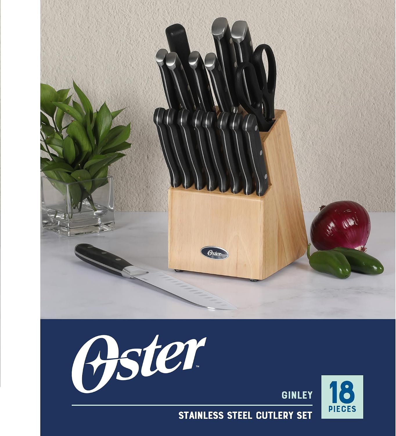Evansville 14 Piece Cutlery Kitchen Knife Block Set, Stainless Steel w/Linen White Handles - Cuchillos Para Cocina