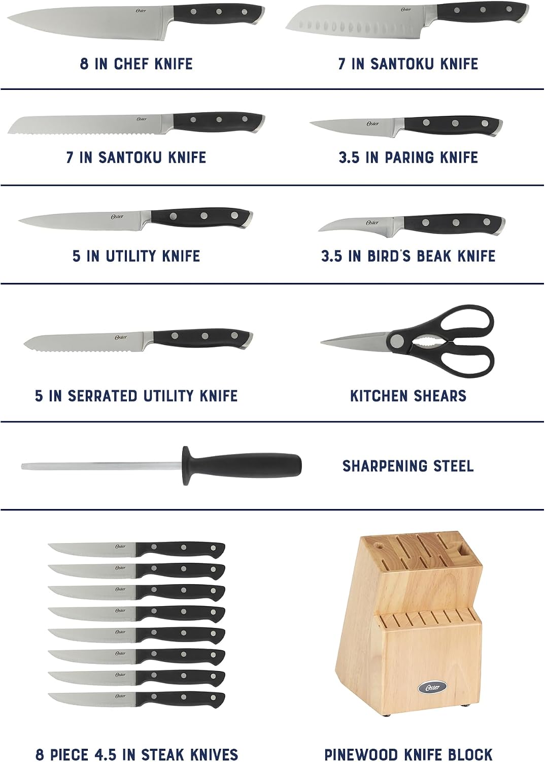 Evansville 14 Piece Cutlery Kitchen Knife Block Set, Stainless Steel w/Linen White Handles - Cuchillos Para Cocina