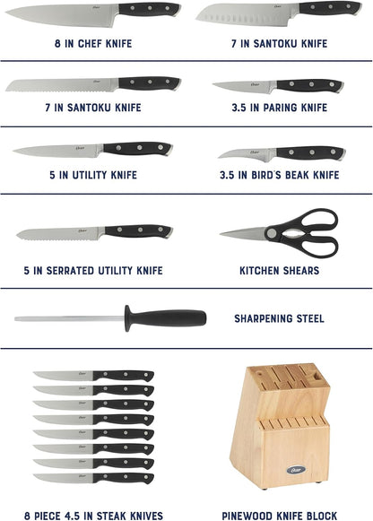 Evansville 14 Piece Cutlery Kitchen Knife Block Set, Stainless Steel w/Linen White Handles - Cuchillos Para Cocina