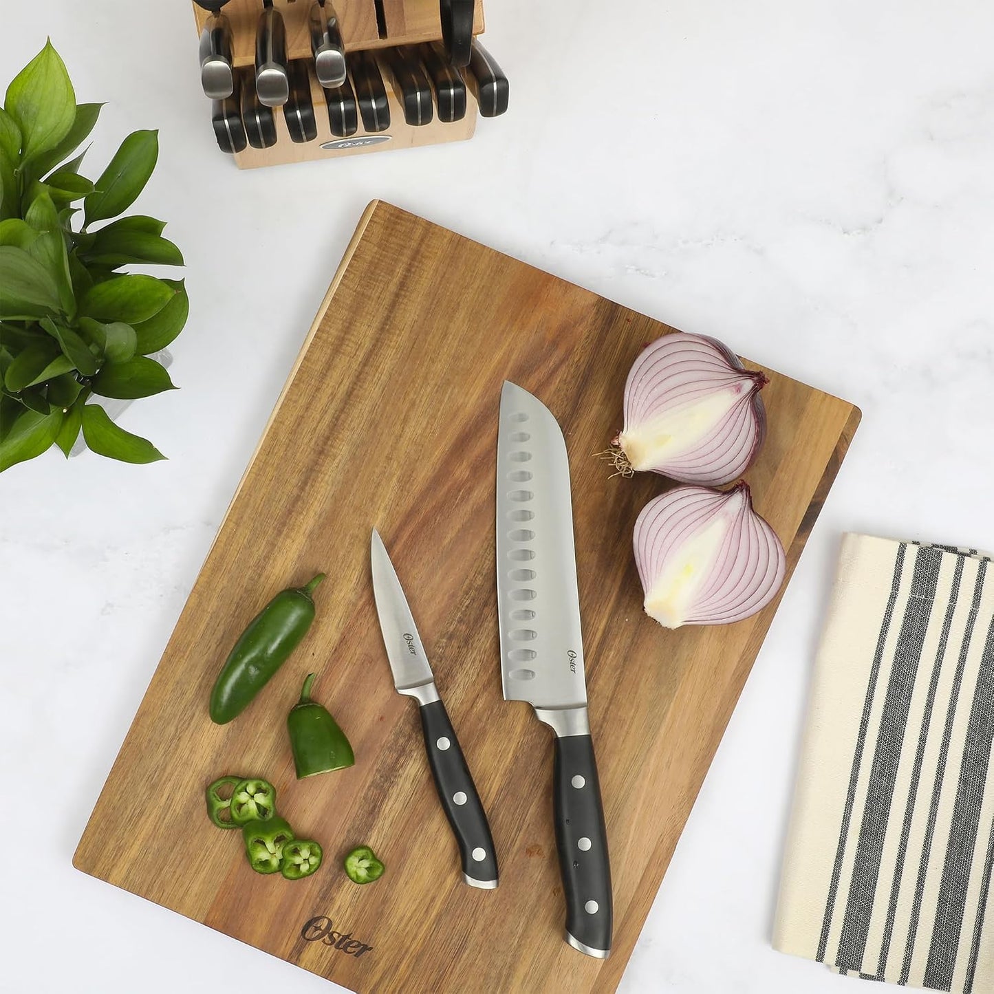 Evansville 14 Piece Cutlery Kitchen Knife Block Set, Stainless Steel w/Linen White Handles - Cuchillos Para Cocina