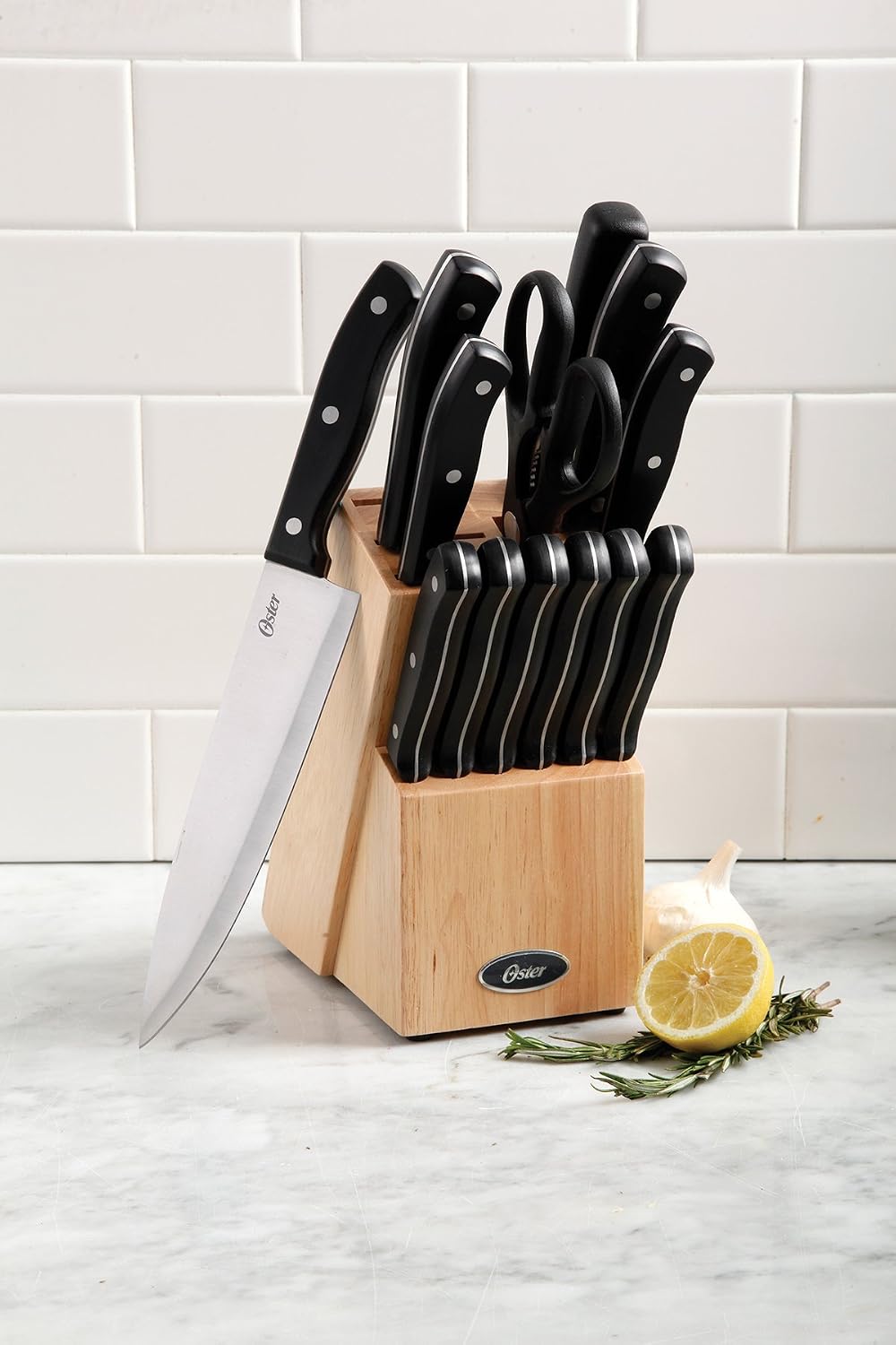Evansville 14 Piece Cutlery Kitchen Knife Block Set, Stainless Steel w/Linen White Handles - Cuchillos Para Cocina