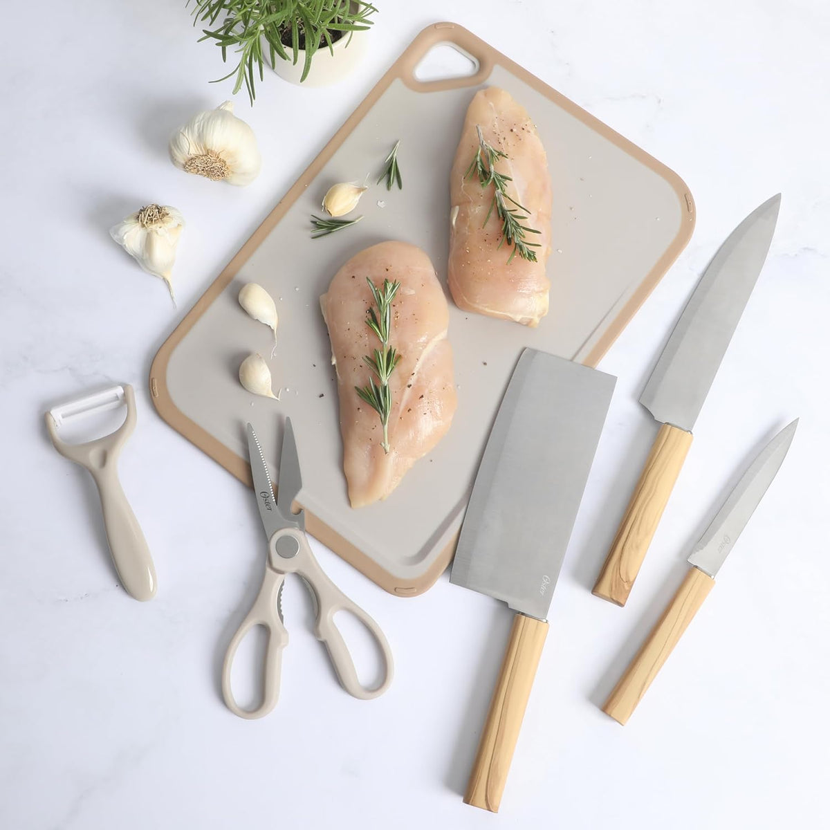 Evansville 14 Piece Cutlery Kitchen Knife Block Set, Stainless Steel w/Linen White Handles - Cuchillos Para Cocina