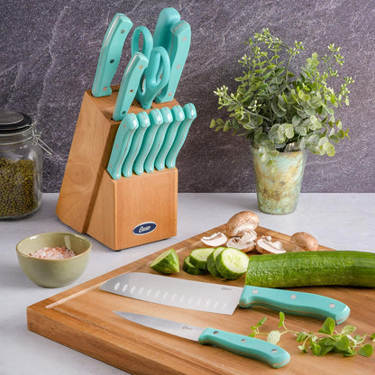 Evansville 14 Piece Cutlery Kitchen Knife Block Set, Stainless Steel w/Linen White Handles - Cuchillos Para Cocina