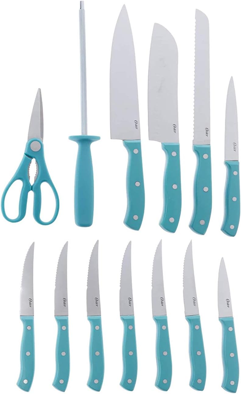 Evansville 14 Piece Cutlery Kitchen Knife Block Set, Stainless Steel w/Linen White Handles - Cuchillos Para Cocina