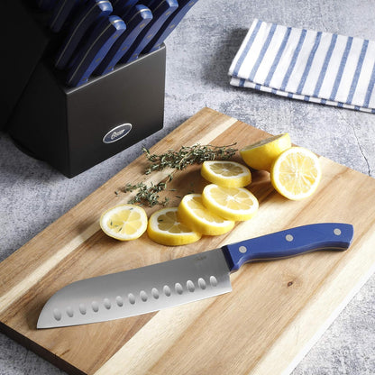 Evansville 14 Piece Cutlery Kitchen Knife Block Set, Stainless Steel w/Linen White Handles - Cuchillos Para Cocina