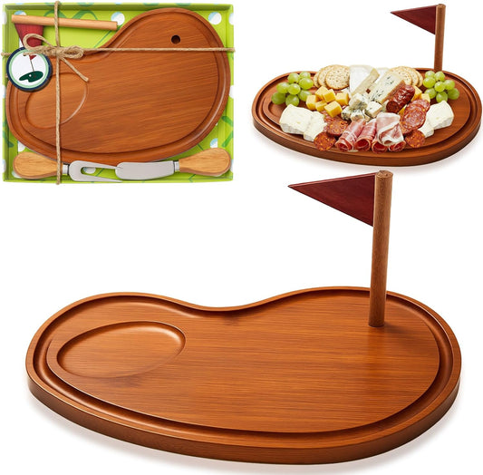 Golf Cheese Board Gift Set Father Day Gift for Dad Party Favor Prizes Charcuterie Wood Board with Knives and Box for Party Tournament Birthday Game(Carbonized Bamboo Wood, Golf)