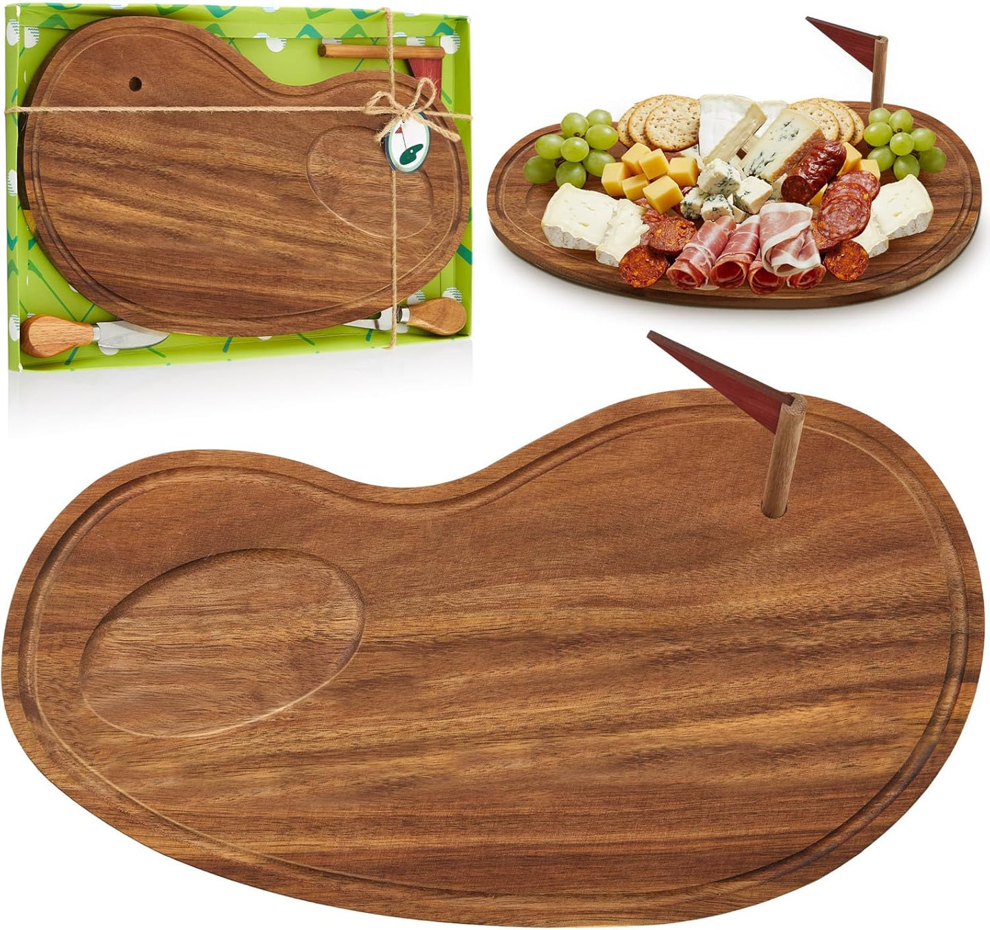 Golf Cheese Board Gift Set Father Day Gift for Dad Party Favor Prizes Charcuterie Wood Board with Knives and Box for Party Tournament Birthday Game(Carbonized Bamboo Wood, Golf)