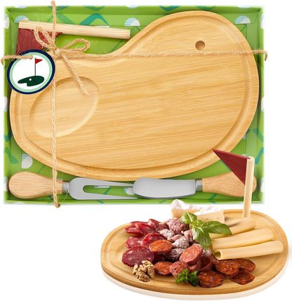 Golf Cheese Board Gift Set Father Day Gift for Dad Party Favor Prizes Charcuterie Wood Board with Knives and Box for Party Tournament Birthday Game(Carbonized Bamboo Wood, Golf)