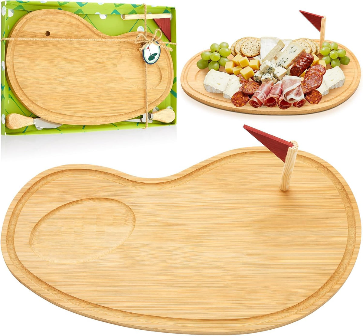 Golf Cheese Board Gift Set Father Day Gift for Dad Party Favor Prizes Charcuterie Wood Board with Knives and Box for Party Tournament Birthday Game(Carbonized Bamboo Wood, Golf)