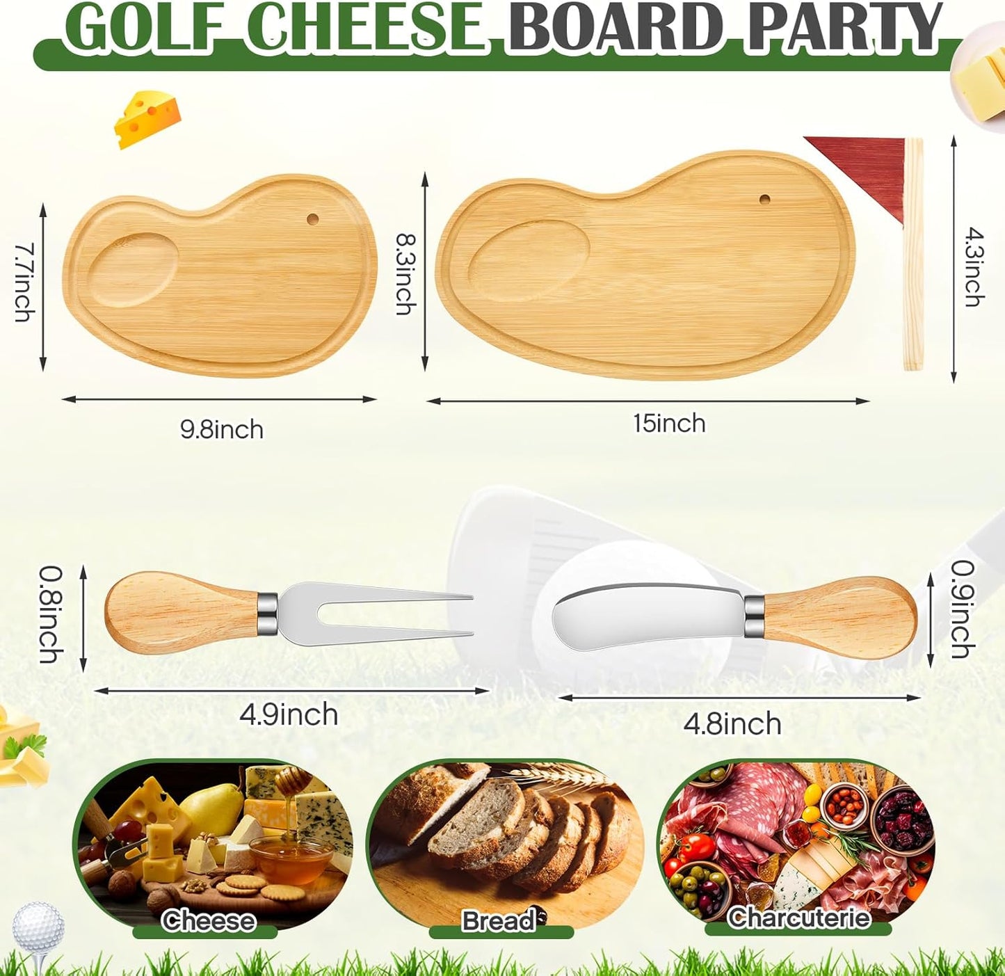 Golf Cheese Board Gift Set Father Day Gift for Dad Party Favor Prizes Charcuterie Wood Board with Knives and Box for Party Tournament Birthday Game(Carbonized Bamboo Wood, Golf)