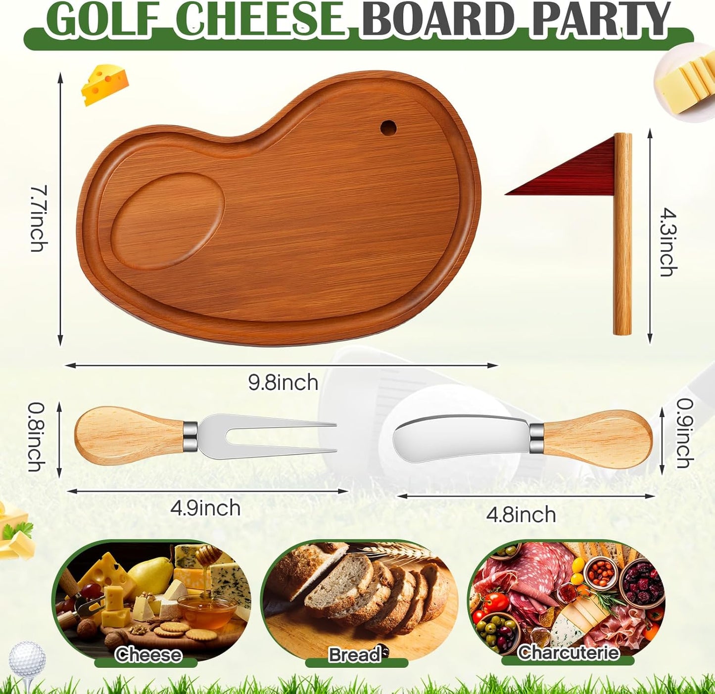 Golf Cheese Board Gift Set Father Day Gift for Dad Party Favor Prizes Charcuterie Wood Board with Knives and Box for Party Tournament Birthday Game(Carbonized Bamboo Wood, Golf)