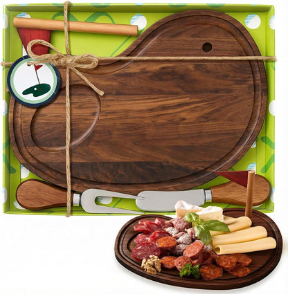Golf Cheese Board Gift Set Father Day Gift for Dad Party Favor Prizes Charcuterie Wood Board with Knives and Box for Party Tournament Birthday Game(Carbonized Bamboo Wood, Golf)