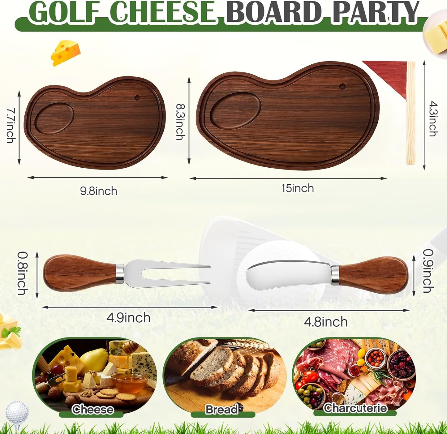 Golf Cheese Board Gift Set Father Day Gift for Dad Party Favor Prizes Charcuterie Wood Board with Knives and Box for Party Tournament Birthday Game(Carbonized Bamboo Wood, Golf)