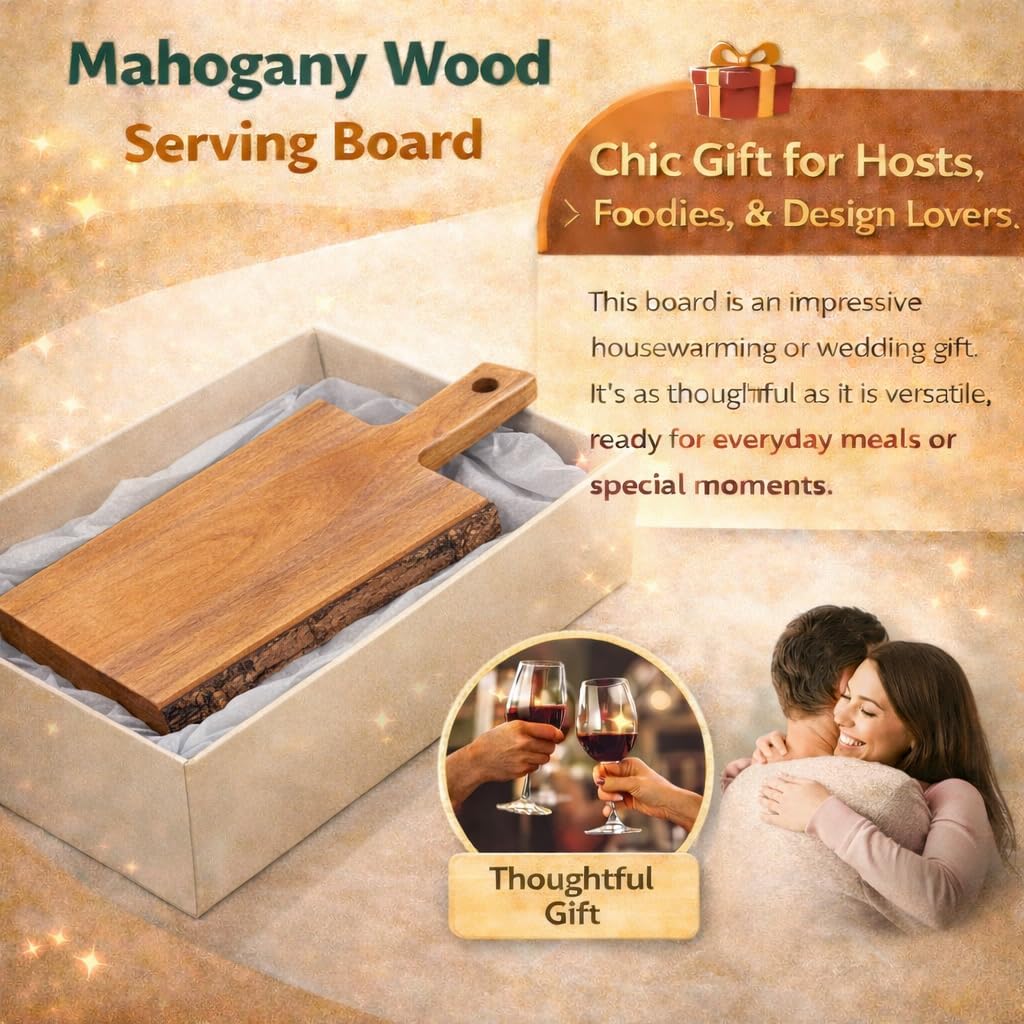 Solid Wood Serving Board Cheese Paddle Board, 14" L x 5" W | Charcuterie Board, One Side Natural Edge, For Dessert Bread Vegetables Fruits