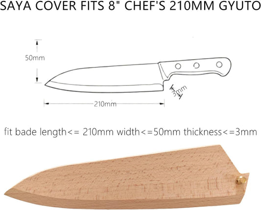 Japanese Gyuto Knife Sheath, 8 Inch Chef Knife Beechwood Saya Blade Cover, 210mm Magnetic Protective Edge Guard with Copper Pins for Kitchen Knives