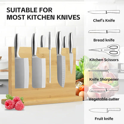 Double Sided Bamboo Magnetic Knife Stand,Kitchen Storage with Strong Magnets for Knives & Utensils,Modern Wooden Knife Block for Kitchen Countertops, Without Knives,10.9"x7"