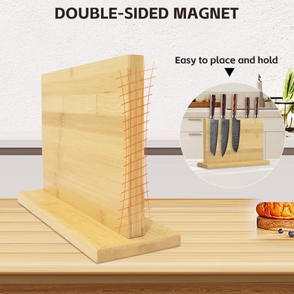 Double Sided Bamboo Magnetic Knife Stand,Kitchen Storage with Strong Magnets for Knives & Utensils,Modern Wooden Knife Block for Kitchen Countertops, Without Knives,10.9"x7"