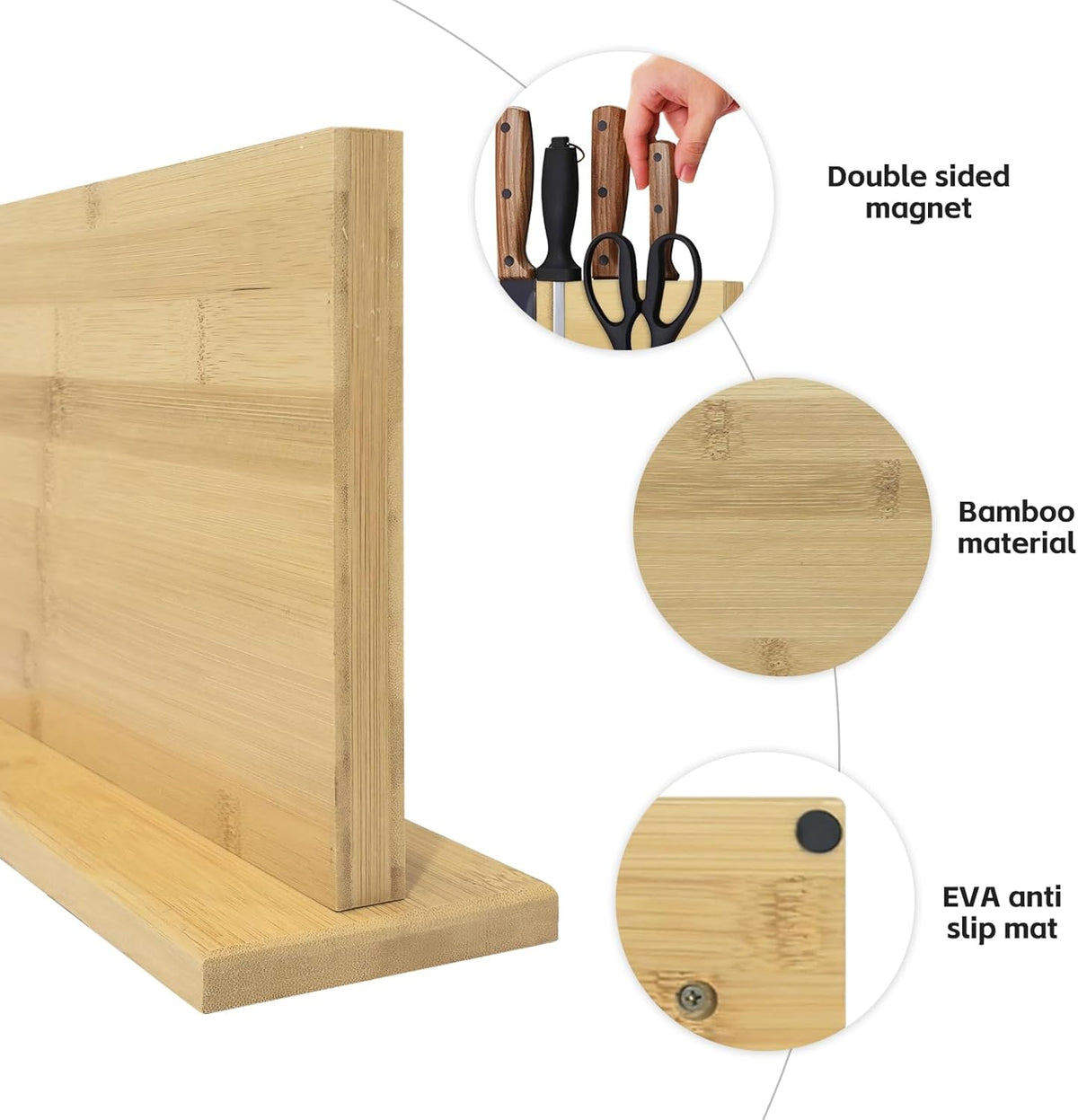 Double Sided Bamboo Magnetic Knife Stand,Kitchen Storage with Strong Magnets for Knives & Utensils,Modern Wooden Knife Block for Kitchen Countertops, Without Knives,10.9"x7"