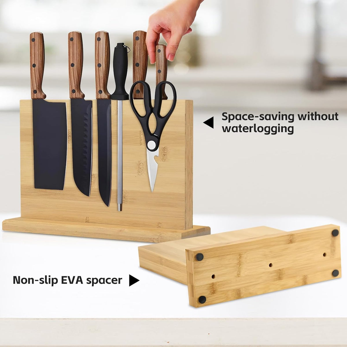 Double Sided Bamboo Magnetic Knife Stand,Kitchen Storage with Strong Magnets for Knives & Utensils,Modern Wooden Knife Block for Kitchen Countertops, Without Knives,10.9"x7"
