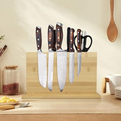 Double Sided Bamboo Magnetic Knife Stand,Kitchen Storage with Strong Magnets for Knives & Utensils,Modern Wooden Knife Block for Kitchen Countertops, Without Knives,10.9"x7"