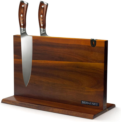 Double Sided Bamboo Magnetic Knife Stand,Kitchen Storage with Strong Magnets for Knives & Utensils,Modern Wooden Knife Block for Kitchen Countertops, Without Knives,10.9"x7"