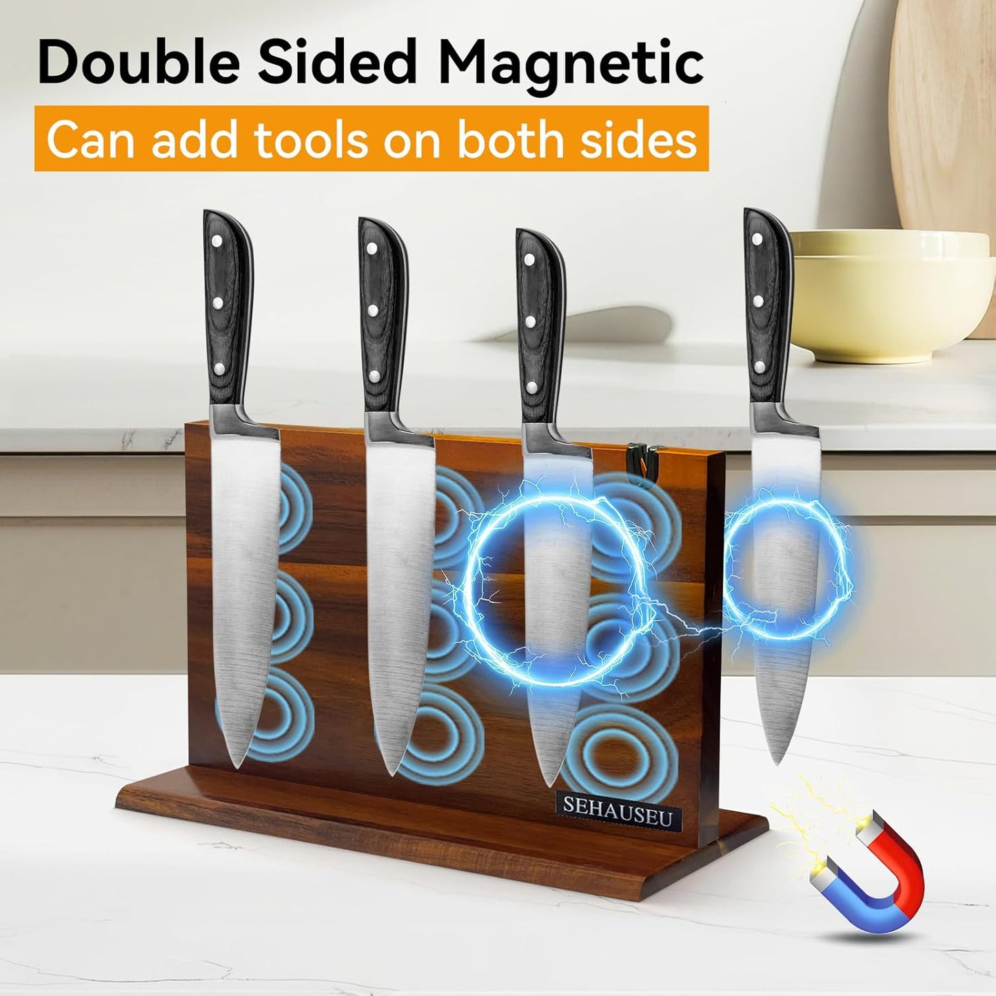 Double Sided Bamboo Magnetic Knife Stand,Kitchen Storage with Strong Magnets for Knives & Utensils,Modern Wooden Knife Block for Kitchen Countertops, Without Knives,10.9"x7"