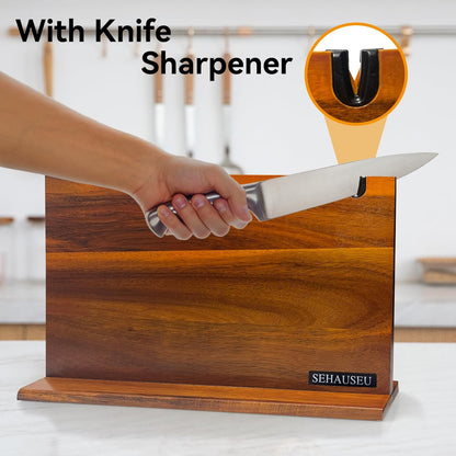 Double Sided Bamboo Magnetic Knife Stand,Kitchen Storage with Strong Magnets for Knives & Utensils,Modern Wooden Knife Block for Kitchen Countertops, Without Knives,10.9"x7"