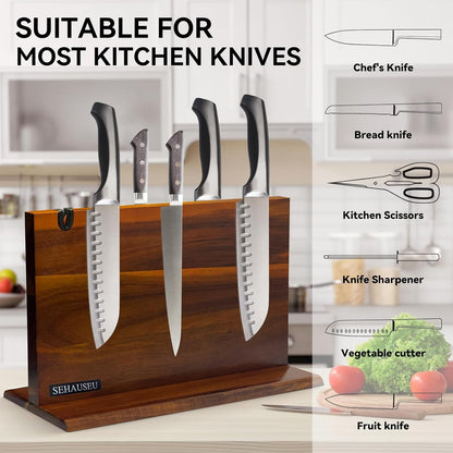 Double Sided Bamboo Magnetic Knife Stand,Kitchen Storage with Strong Magnets for Knives & Utensils,Modern Wooden Knife Block for Kitchen Countertops, Without Knives,10.9"x7"