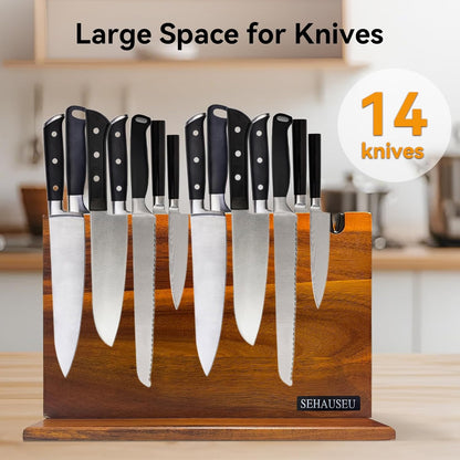 Double Sided Bamboo Magnetic Knife Stand,Kitchen Storage with Strong Magnets for Knives & Utensils,Modern Wooden Knife Block for Kitchen Countertops, Without Knives,10.9"x7"