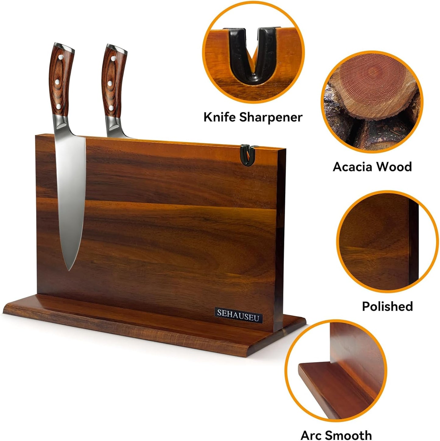 Double Sided Bamboo Magnetic Knife Stand,Kitchen Storage with Strong Magnets for Knives & Utensils,Modern Wooden Knife Block for Kitchen Countertops, Without Knives,10.9"x7"