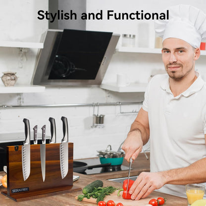 Double Sided Bamboo Magnetic Knife Stand,Kitchen Storage with Strong Magnets for Knives & Utensils,Modern Wooden Knife Block for Kitchen Countertops, Without Knives,10.9"x7"