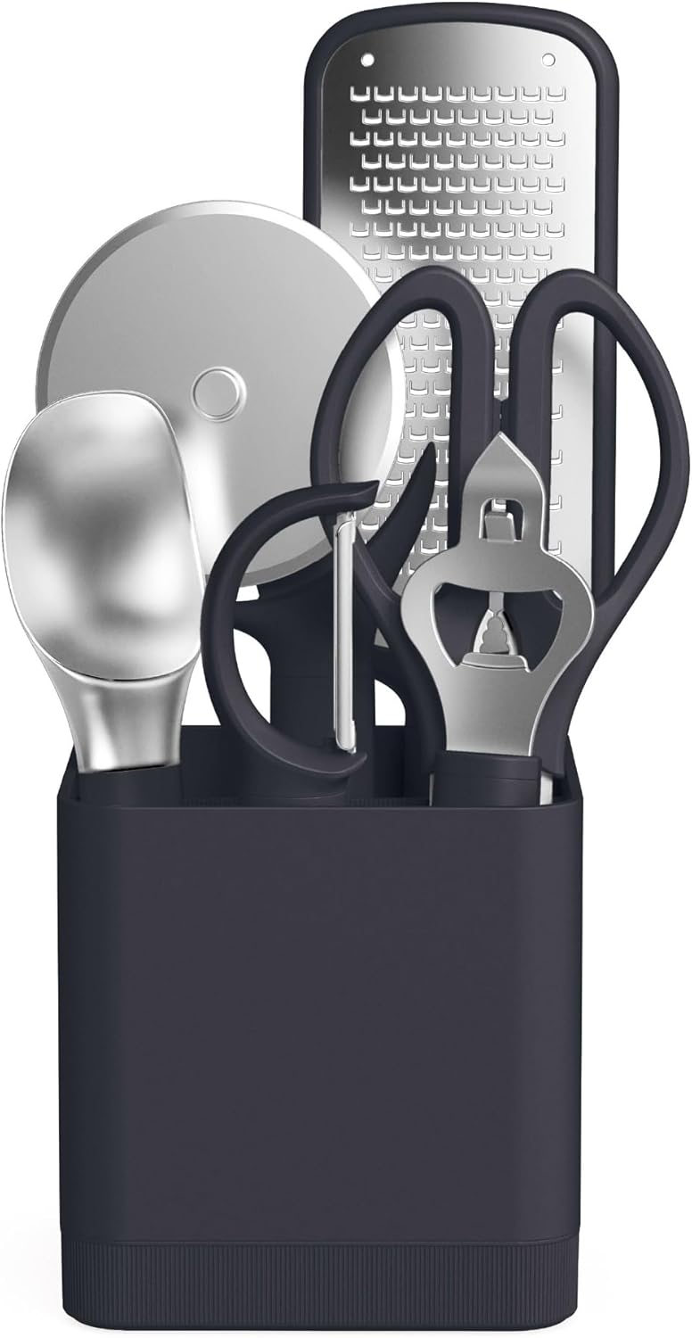 7-Piece Modular Gadget Set, Grater, Pizza Cutter, Ice Cream Scoop, Peeler, Shears, Bottle Opener, Crock with removable divider, Dishwasher Safe, Slate