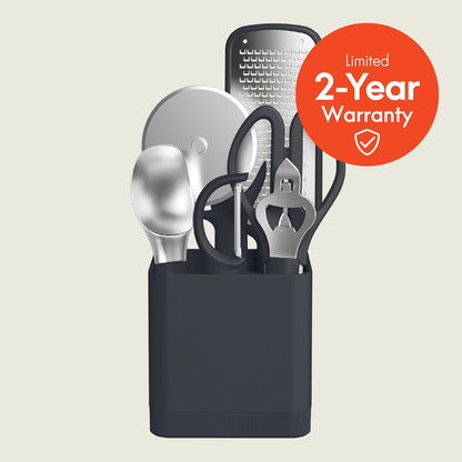 7-Piece Modular Gadget Set, Grater, Pizza Cutter, Ice Cream Scoop, Peeler, Shears, Bottle Opener, Crock with removable divider, Dishwasher Safe, Slate