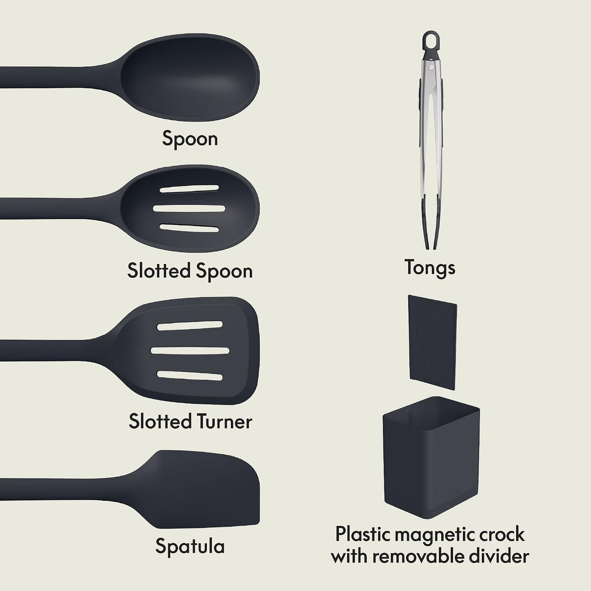 7-Piece Modular Gadget Set, Grater, Pizza Cutter, Ice Cream Scoop, Peeler, Shears, Bottle Opener, Crock with removable divider, Dishwasher Safe, Slate
