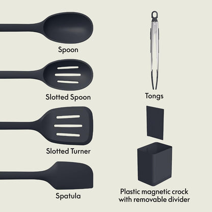 7-Piece Modular Gadget Set, Grater, Pizza Cutter, Ice Cream Scoop, Peeler, Shears, Bottle Opener, Crock with removable divider, Dishwasher Safe, Slate