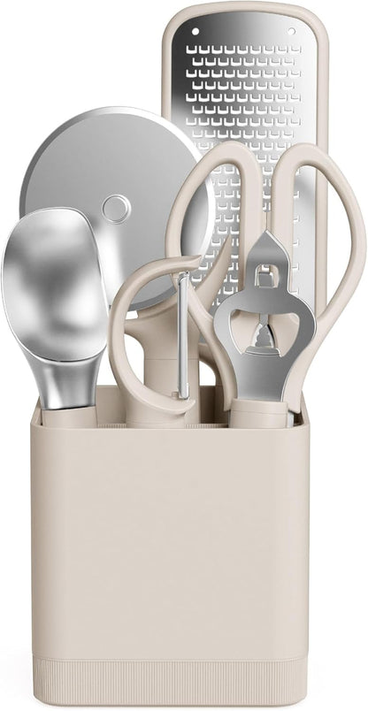 7-Piece Modular Gadget Set, Grater, Pizza Cutter, Ice Cream Scoop, Peeler, Shears, Bottle Opener, Crock with removable divider, Dishwasher Safe, Slate