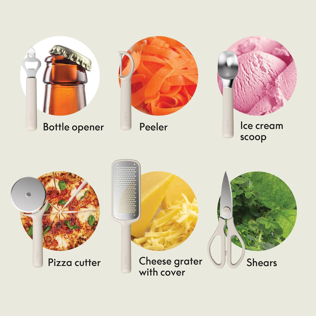 7-Piece Modular Gadget Set, Grater, Pizza Cutter, Ice Cream Scoop, Peeler, Shears, Bottle Opener, Crock with removable divider, Dishwasher Safe, Slate