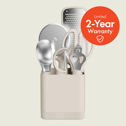 7-Piece Modular Gadget Set, Grater, Pizza Cutter, Ice Cream Scoop, Peeler, Shears, Bottle Opener, Crock with removable divider, Dishwasher Safe, Slate