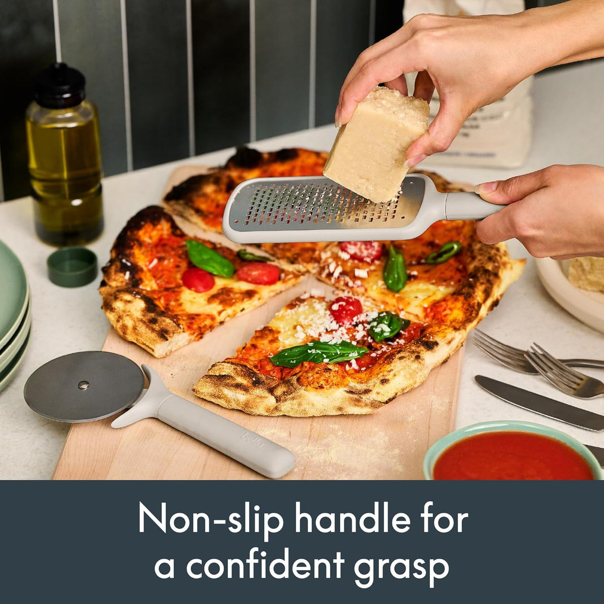 7-Piece Modular Gadget Set, Grater, Pizza Cutter, Ice Cream Scoop, Peeler, Shears, Bottle Opener, Crock with removable divider, Dishwasher Safe, Slate