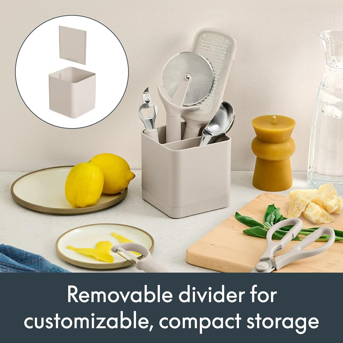 7-Piece Modular Gadget Set, Grater, Pizza Cutter, Ice Cream Scoop, Peeler, Shears, Bottle Opener, Crock with removable divider, Dishwasher Safe, Slate