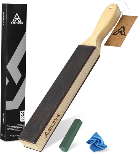 3-Pcs Premium Double Sided Paddle Leather Strop for Knife Sharpening with Polishing Compound - Stropping Compound is for Knife Strop and Knife Sharpening Accessories.