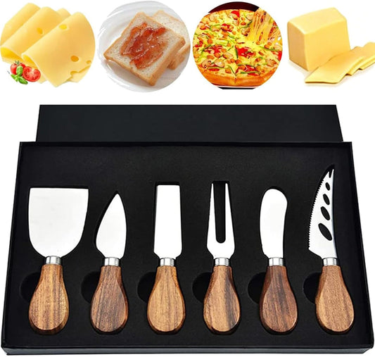 6 PCS Cheese Knife Set, Wood Handle Cheese Knives Stainless Steel Slicer Cutter Fork Charcuterie Board Knife Accessories Gift Ready-Set of 6
