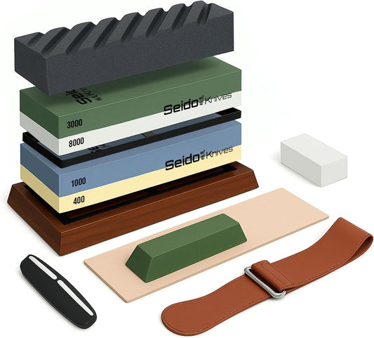 Professional Whetstone Set, Knife Sharpening Stone Kit Dual Grit Whetstone 400/1000 3000/8000 Knife Sharpener with Leather Strop | Dual-grit whetstones, leather strop, angle guide, and accessories for complete edge maintenance