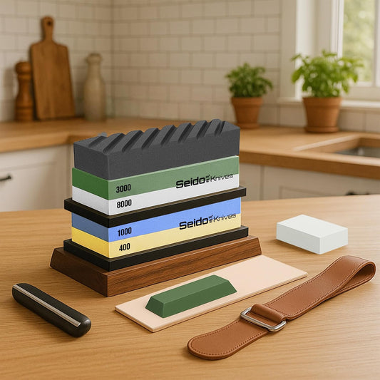 Professional Whetstone Set, Knife Sharpening Stone Kit Dual Grit Whetstone 400/1000 3000/8000 Knife Sharpener with Leather Strop | Dual-grit whetstones, leather strop, angle guide, and accessories for complete edge maintenance