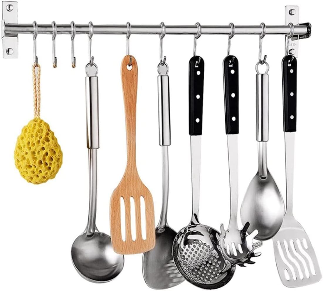 Stainless Steel Kitchen Sliding Rail Hanging Rack, 23.6 Inch Wall Mount Utensil Organizer with 10 Removable S Hooks