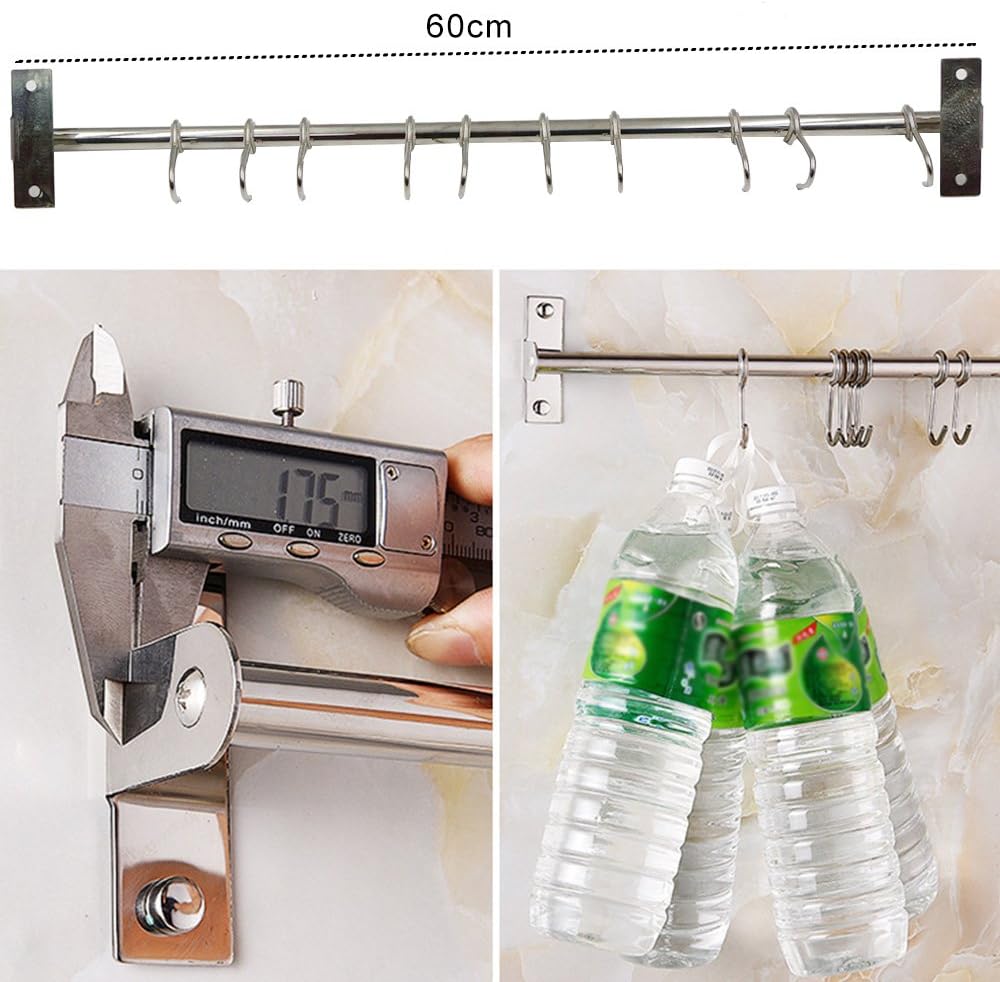 Stainless Steel Kitchen Sliding Rail Hanging Rack, 23.6 Inch Wall Mount Utensil Organizer with 10 Removable S Hooks