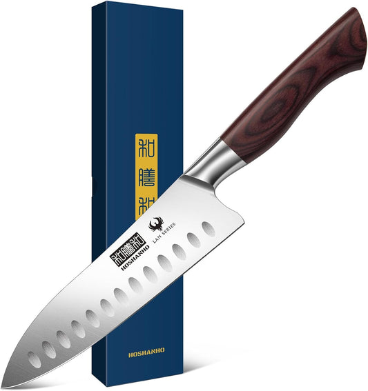7" Chef Knife,Razor-Sharp Santoku Knife with Ergonomic Wood Handle | Professional Kitchen Cooking Knife with Japanese High Carbon Steel,15° Edge & 60 HRC Blade, Ergonomic Grip Design, Ideal Gift