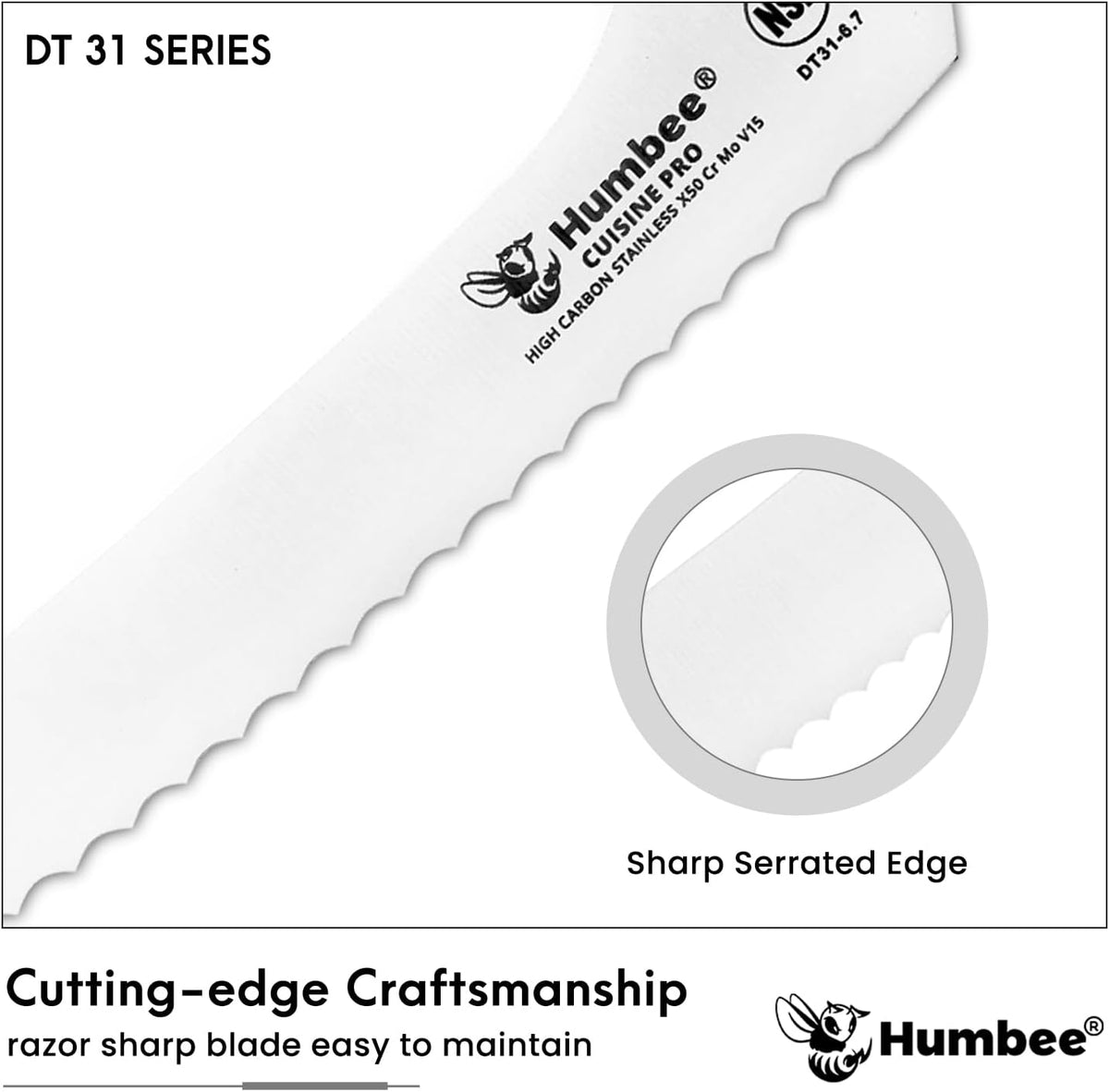 8-Inch Offset Serrated Bread Knife, Premium High Carbon Stainless Steel Blade Knife for Bread with Ergonomic Handle, NSF Certified, DT-31 Series, Black