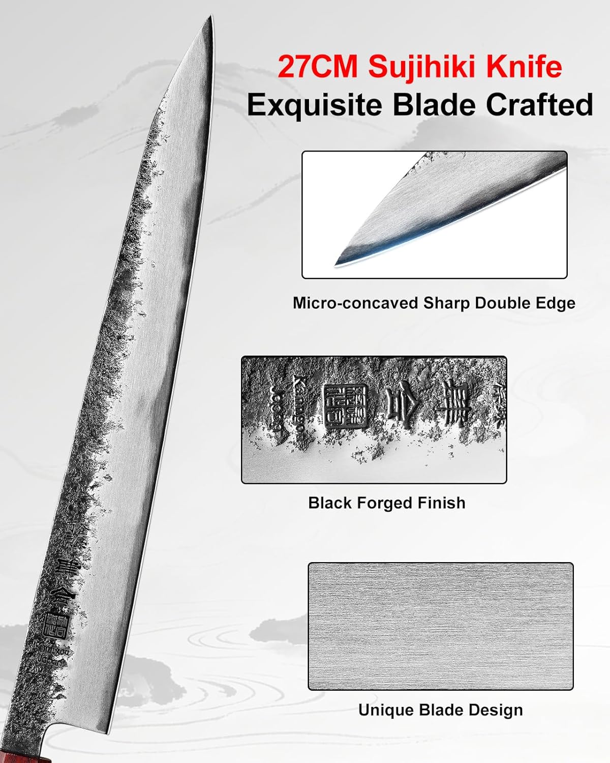 Sushi Knife 27cm Japanese Carving Knife, AUS-8 Steel Sujihiki Sashimi Knives for Fish Filleting and Meat Slicing, Double Edge Yanagiba Knives with Premium Gift Box